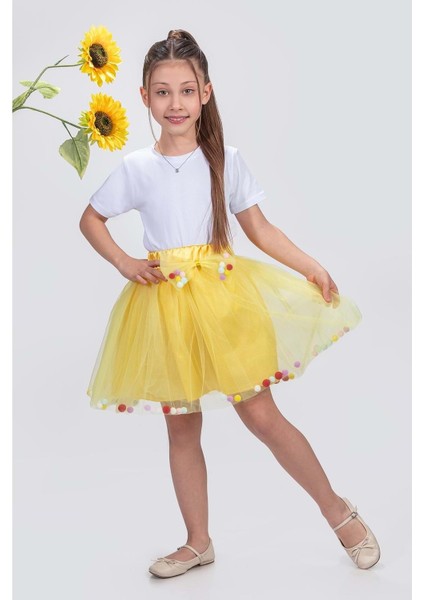 Ponpon Aksesuarlı Bayramlık Kız Çocuk Etek M00726 Sarı fırsatları