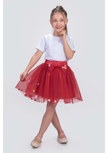 Ponpon Aksesuarlı Bayramlık Kız Çocuk Etek M00726 Kırmızı