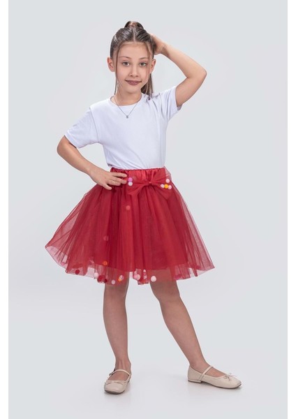 Ponpon Aksesuarlı Bayramlık Kız Çocuk Etek M00726 Kırmızı fiyatları
