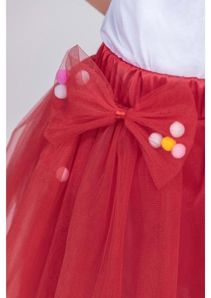 Ponpon Aksesuarlı Bayramlık Kız Çocuk Etek M00726 Kırmızı modelleri