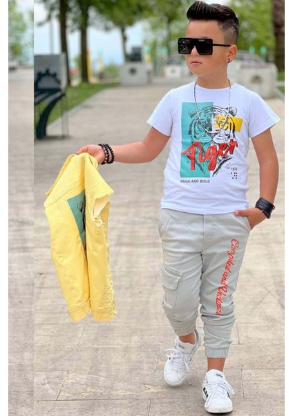 Erkek Çocuk Kaplan Detaylı T-Shirt Sırt Baskılı Kolsuz Sarı Jean Ceket Kargo Cepli Alt Üst Takım fırsatları