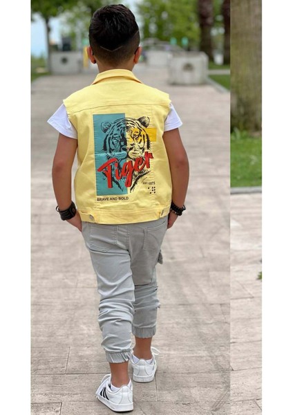 Erkek Çocuk Kaplan Detaylı T-Shirt Sırt Baskılı Kolsuz Sarı Jean Ceket Kargo Cepli Alt Üst Takım indirimleri