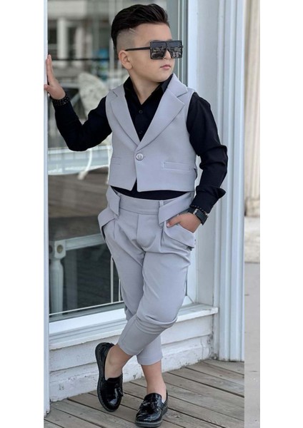 Erkek Çocuk Gümüş Düğme Detaylı Yelek Gabardin Siyah Gömlek Gri Alt Üst Takım