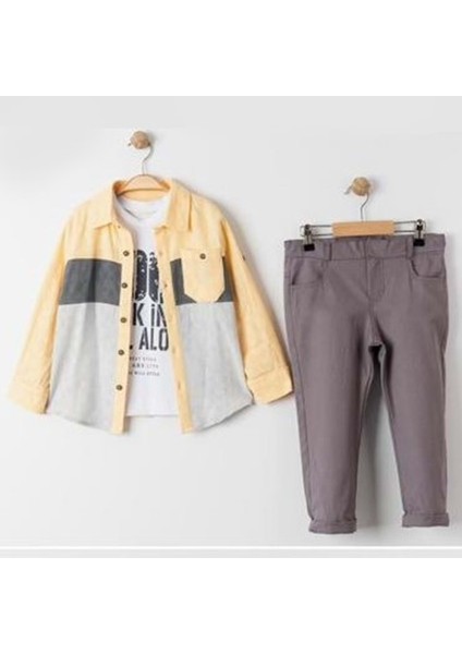 Cepli Gömlek , Pantolon , T-Shirt 3parça Erkek Çocuk Takım MNK4016 Sarı
