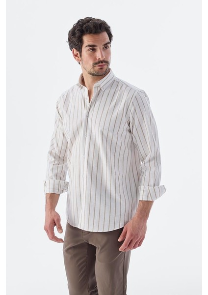 Bej Comfort Fit Çizgili Pamuklu Keten Gömlek fiyatları