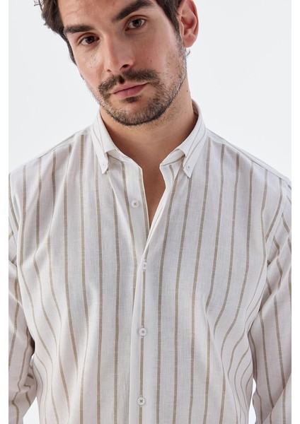 Bej Comfort Fit Çizgili Pamuklu Keten Gömlek modelleri