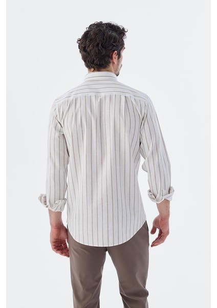 Bej Comfort Fit Çizgili Pamuklu Keten Gömlek fırsatları