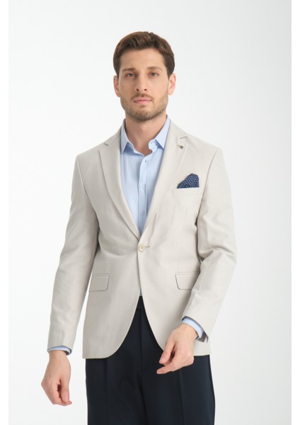 Galdino Erkek Gri Kendinden Desenli Slim Fit Mono Yaka Blazer Ceket