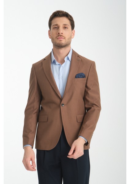 Galdino Erkek Kahverengi Kendinden Desenli Slim Fit Mono Yaka Blazer Ceket