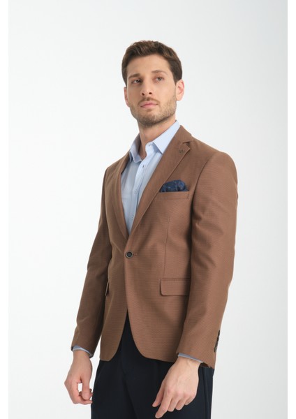 Galdino Erkek Kahverengi Kendinden Desenli Slim Fit Mono Yaka Blazer Ceket modelleri