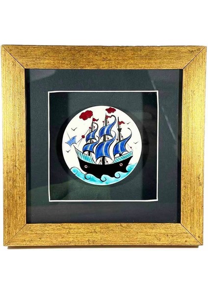 Iznik Çini Kalyon Motifli Paspartulu Plaket