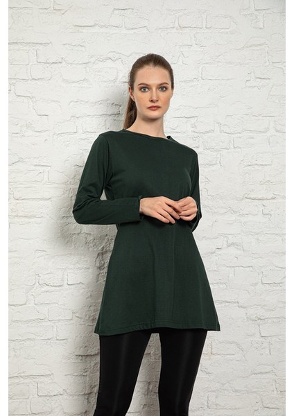 Kadın Nefti Renkli Uzun Kol Pamuklu Bisiklet Yaka Penye Tunik-Içlik SLM36