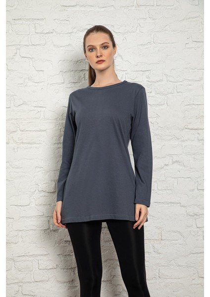 Kadın Füme Renkli Uzun Kol Pamuklu Bisiklet Yaka Penye Tunik-Içlik SLM30