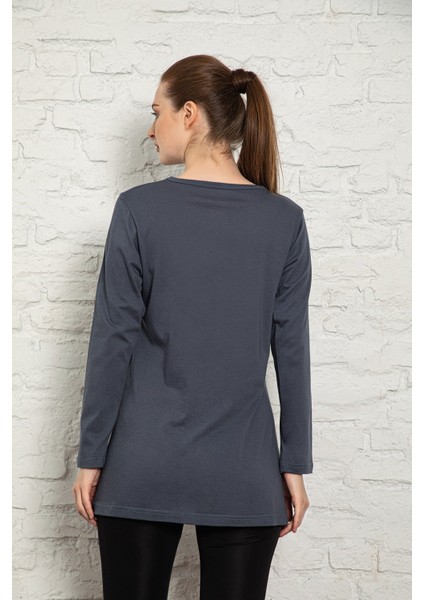 Kadın Füme Renkli Uzun Kol Pamuklu Bisiklet Yaka Penye Tunik-Içlik SLM30 fiyatları