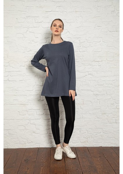 Kadın Füme Renkli Uzun Kol Pamuklu Bisiklet Yaka Penye Tunik-Içlik SLM30 modelleri