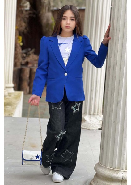 Kız Çocuk Baskılı T-Shirt Bol Kesim Yıldız Detaylı Jean Pantolon Mavi Blazer Ceket Alt Üst Takım