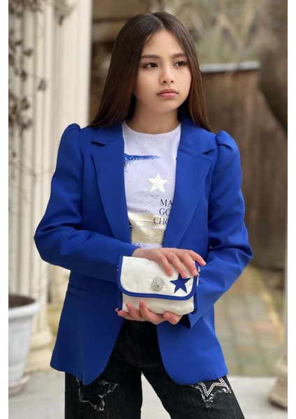 Kız Çocuk Baskılı T-Shirt Bol Kesim Yıldız Detaylı Jean Pantolon Mavi Blazer Ceket Alt Üst Takım modelleri