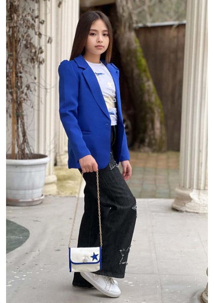 Kız Çocuk Baskılı T-Shirt Bol Kesim Yıldız Detaylı Jean Pantolon Mavi Blazer Ceket Alt Üst Takım fırsatları