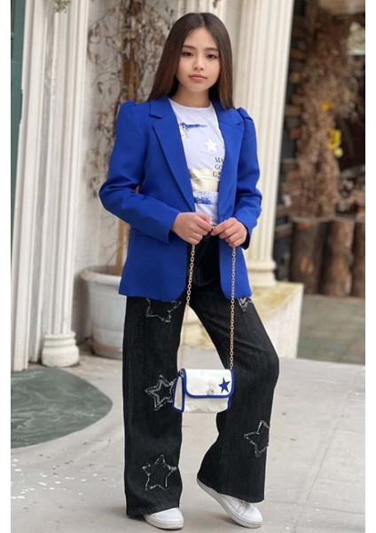 Kız Çocuk Baskılı T-Shirt Bol Kesim Yıldız Detaylı Jean Pantolon Mavi Blazer Ceket Alt Üst Takım indirimleri