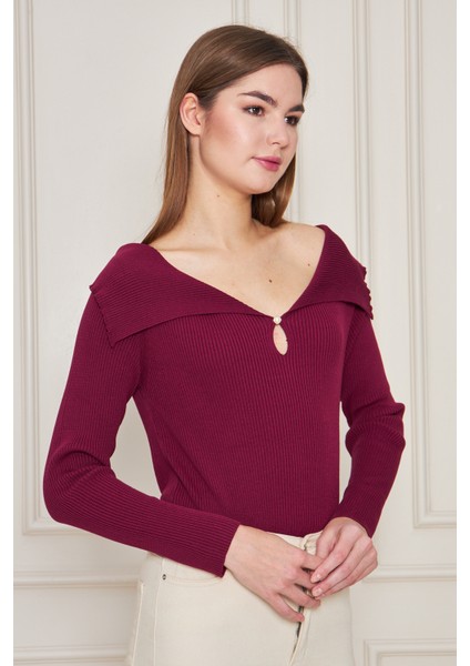 Kadın Şal Yaka Fitilli Kazak 2906