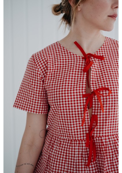 Bows In Red Kırmızı Ekoseli Balon Kollu ve Fiyonklu Pijama Üstü