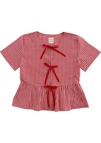 Bows In Red Kırmızı Ekoseli Balon Kollu ve Fiyonklu Pijama Üstü