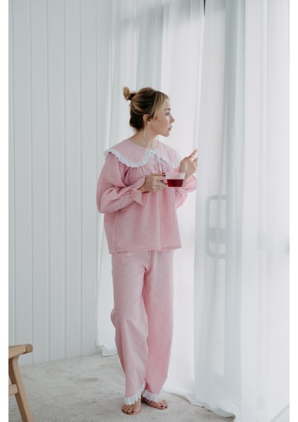Ruffles Pembe Çizgil Paçaları Beyaz Fırfırlı Pantolon Pijama Altı