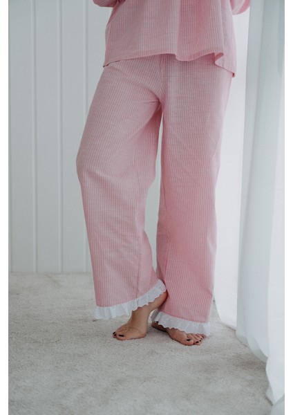 Ruffles Pembe Çizgil Paçaları Beyaz Fırfırlı Pantolon Pijama Altı