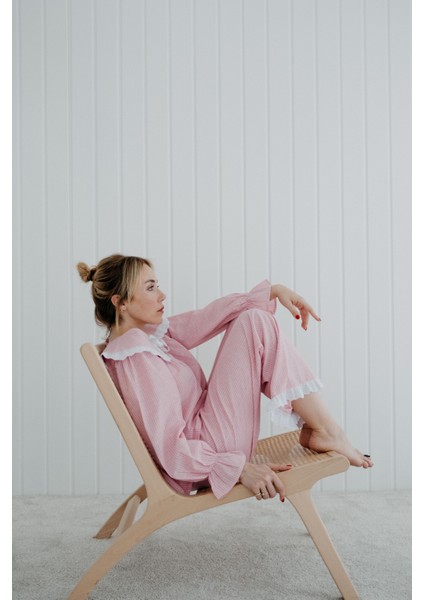 Ruffles Pembe Çizgil Paçaları Beyaz Fırfırlı Pantolon Pijama Altı