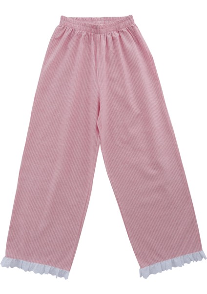 Ruffles Pembe Çizgil Paçaları Beyaz Fırfırlı Pantolon Pijama Altı