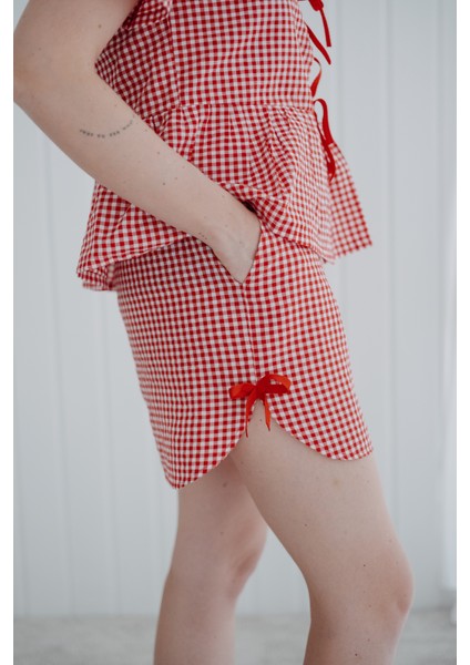 Check Kırmızı Ekoseli Fiyonklu Şort Pijama Altı modelleri
