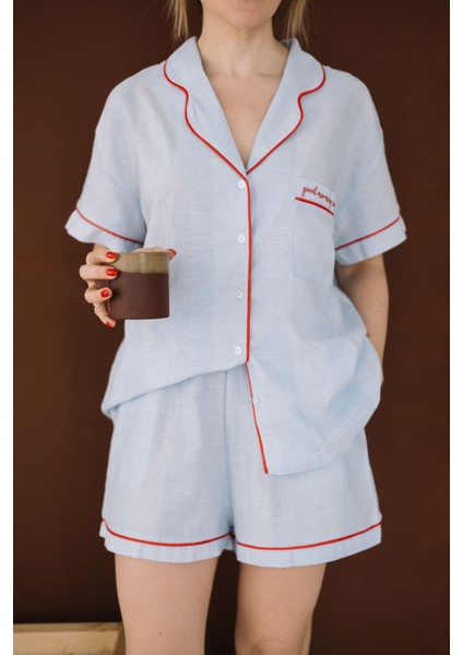 Sunday Kırmızı Nakışlı Mavi Kısa Kollu Pijama Üstü