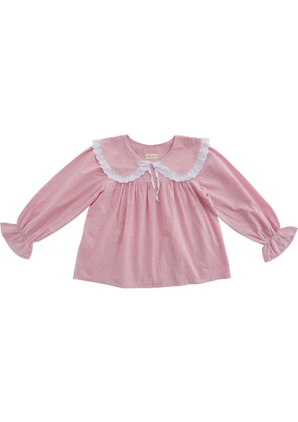 Ruffles Pembe Çizgili Beyaz Fırfır ve Kurdeleli Bebe Yaka Detaylı Pijama Üstü