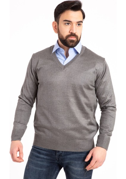 Erkek Ince Yün Triko Örgü Regular Baba V Yaka Kazak 5130