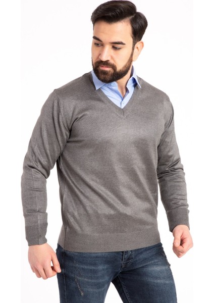 Erkek Ince Yün Triko Örgü Regular Baba V Yaka Kazak 5130 modelleri