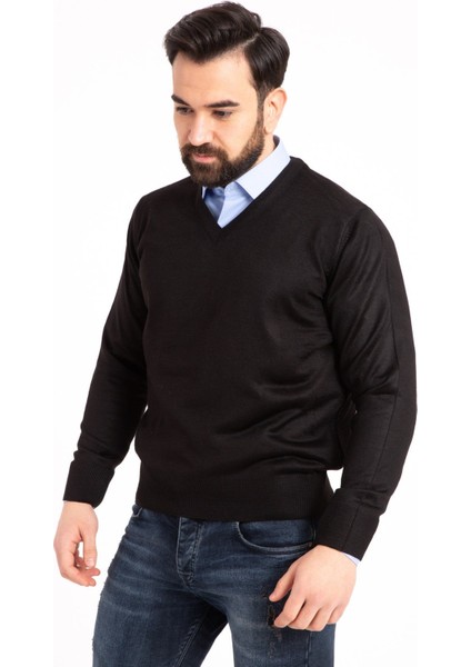 Erkek Ince Yün Triko Örgü Regular Baba V Yaka Kazak 5130 modelleri
