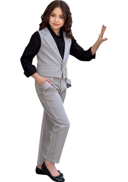 Kız Çocuk Gümüş Düğme Detaylı Yelek Gabardin Siyah Gömlek Gri Alt Üst Takım