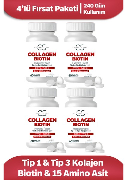 4'lü Fırsat Hidrolize Tip 1, Tip 3 Kolajen Peptitler, Biotin ve 15 Amino Asit Içeren 60 Tablet