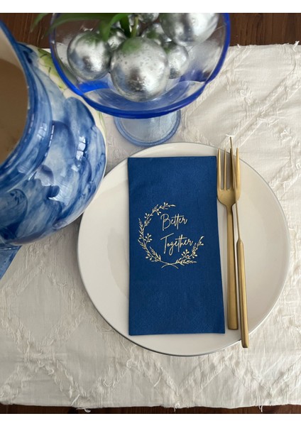 Gold Yaldızlı Bodrum Mavisi Better Together Peçete 16 Adet