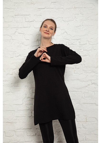 Kadın Siyah Renkli Uzun Kol Pamuklu Bisiklet Yaka Penye Tunik-Içlik SLM38