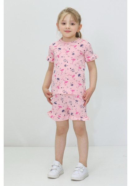 Kız Çocuk Yazlık Flamingolu Şortlu Pijama Takımı - Ev Giyim Pijama- 2'li Takım 3-7 Yaş Takım