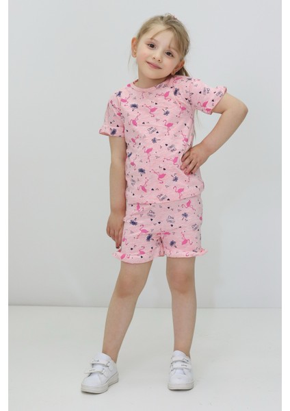 Kız Çocuk Yazlık Flamingolu Şortlu Pijama Takımı - Ev Giyim Pijama- 2'li Takım 3-7 Yaş Takım