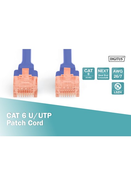 Patch Kablo, U-UTP, CAT. 6, 10 metre, AWG 26/7, Cu, LSZH, mavi renk