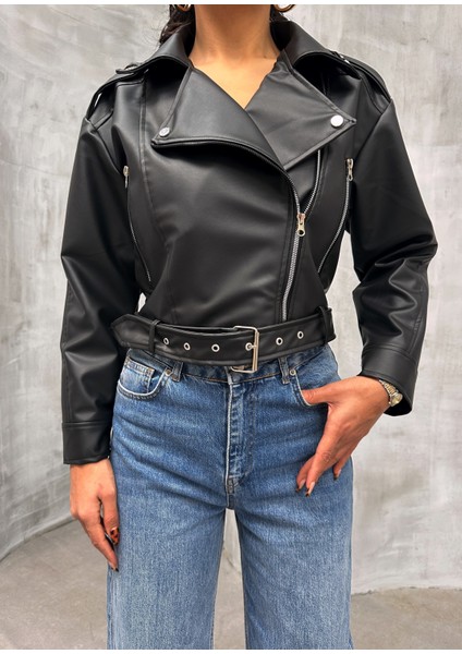 Kemerli Oversize Crop Deri Ceket