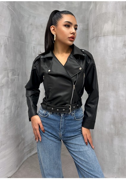 Kemerli Oversize Crop Deri Ceket