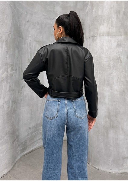 Kemerli Oversize Crop Deri Ceket