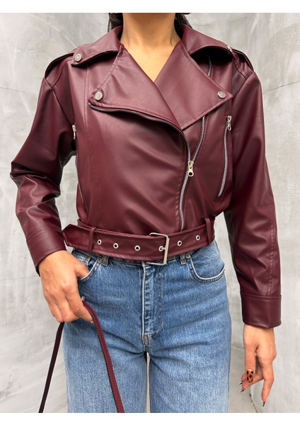 Kemerli Oversize Crop Deri Ceket