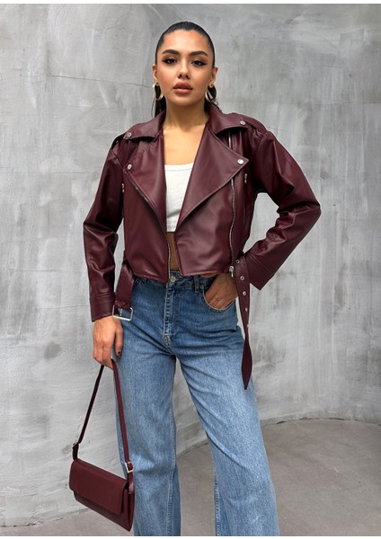 Kemerli Oversize Crop Deri Ceket