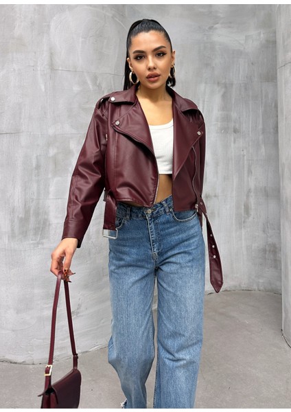 Kemerli Oversize Crop Deri Ceket