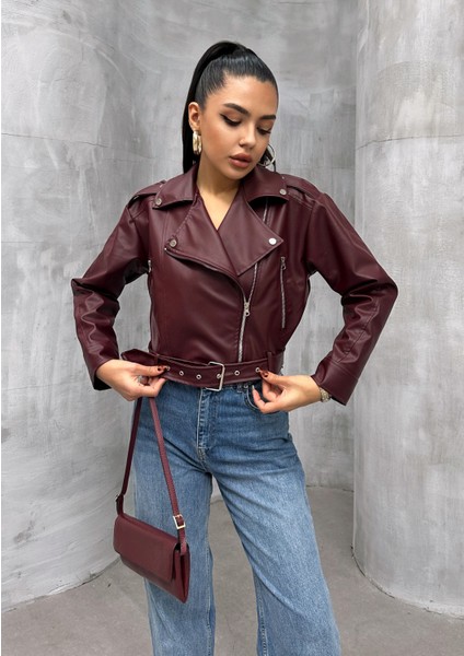 Kemerli Oversize Crop Deri Ceket